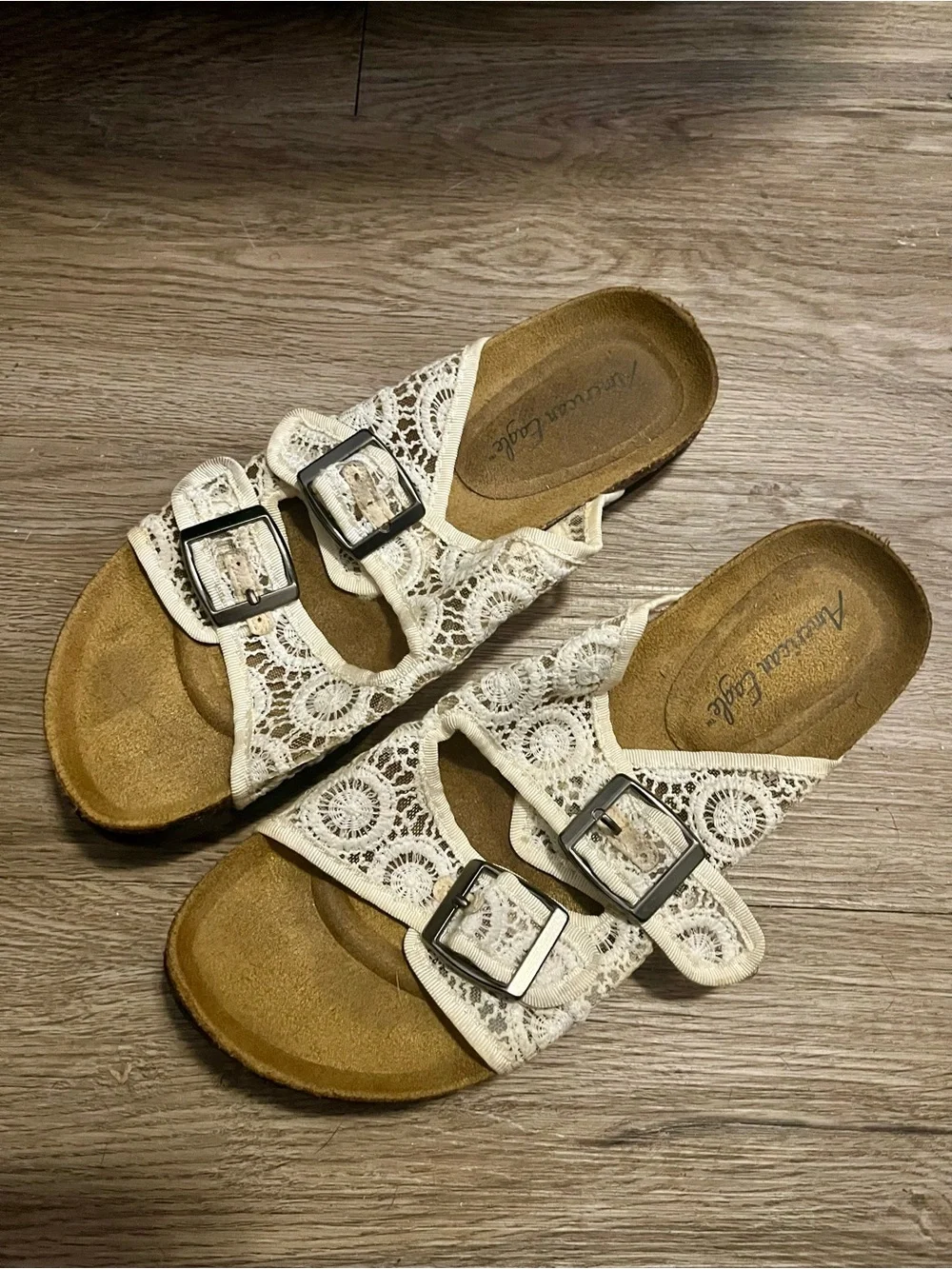 American Eagle Outfitters Cream Lace Crochet Double-Buckle Slide Sandals